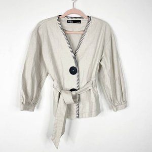 ZARA Kimono Jacket Small Cream Balloon Sleeve Belted Oversized Button #5137